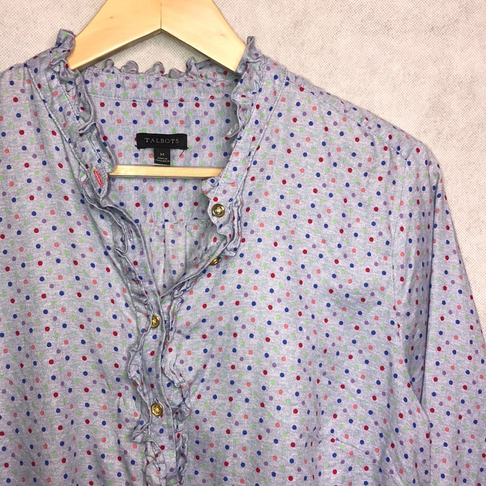 TALBOTS Light Blue Colorful Polka Dots Ruffle Trim